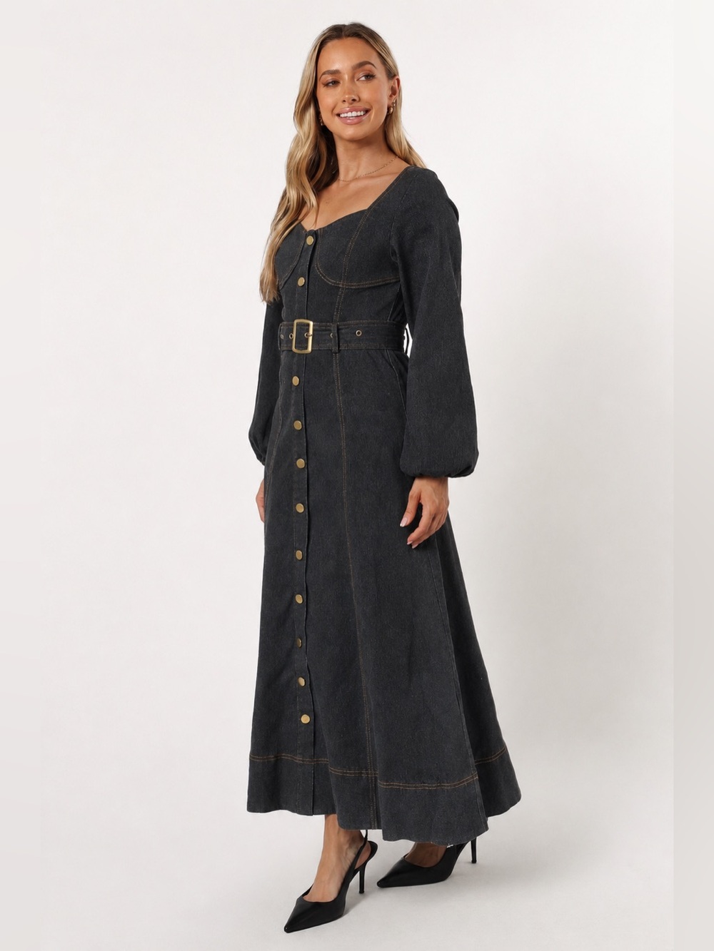 Petal & Pup Mateo Long Sleeve Denim Maxi Dress Black NWOT Size M - Picture 2 of 6